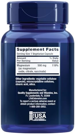 Life Extension Magnesium Caps, 500 mg, Magnesium Oxide, Citrate, and Succinate, Heart Health, Healthy Bones, Metabolism Support, 100 Vegetarian Capsules