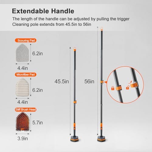 CLEANHOME Tile Tub Scrubber Brush with 3 Different Function Cleaning Heads and 56" Extendable Long Handle-No Scratch Shower Scrubber for Cleaning Bathroom Kitchen Toilet Wall,Bathtub,Sink,Grey
