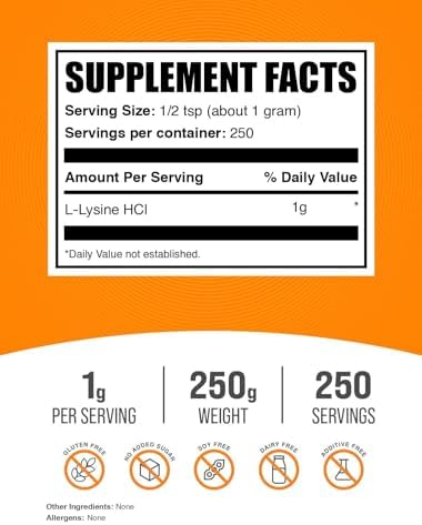 BulkSupplements.com L-Lysine Powder - Lysine Supplement, Essential Amino Acid, for Immune Support - Gluten Free, 1g per Serving, 250g (8.8 oz) (Pack of 1)