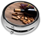 Small Pill Box 3 Compartment Wine Bottle Corks Grapes Pill Box for Pocket or Purse Decorative Metal Pill Organizer Portable Travel Pillbox Round Medicine Vitamin Holder Unique Gift