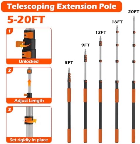 26FT Reach Cobweb Duster with Extension Pole - Spider Web Brush for Cleaning with 5-20FT 4-Section Flip-Lock Telescopic Pole, Effortlessly Cleans High Indoor & Outdoor Webs