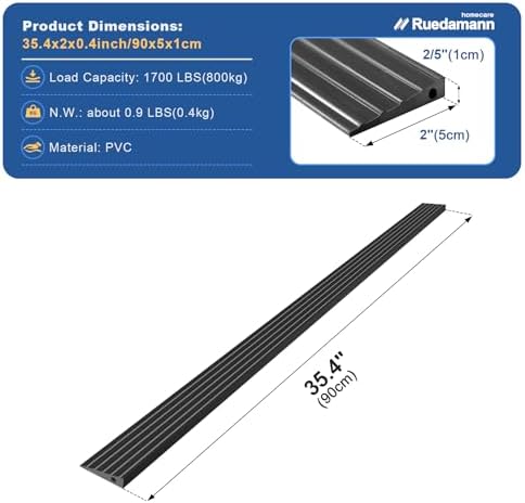 Ruedamann 0.4" Rise PVC Threshold Ramp for Doorways, 1700 lbs Load Capacity, Odor-Free & Cuttable Door Threshold Ramp for Wheelchair, Scooter, Stroller, Curb, and Tile, Indoor & Outdoor Use, Black
