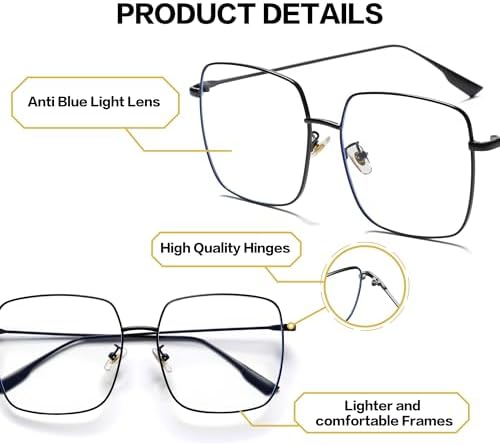 Oversized Square Reader Glasses for Women/Men, Blue Light Blocking Glasses, Large Metal Frame Readers with UV400 Protection