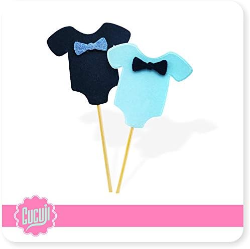 GUCUJI 40 PCS Blue Baby Jumpsuits Baby Shower Cake Cupcake Toppers Picks for Birthday Boys Party Decorations