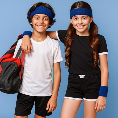 Bememo 36 Pcs Neon Sweatbands Set for Kids 12 Headbands 24 Wristbands Bulk Sports Sweat Bands Athletic for Children Basketball Tennis Running Gym Student Gifts Glow Party