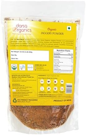 Darsa Organics Jaggery Powder 2 lb - Organic Brown Sugar Alternative, USDA Certified Unrefined Muscovado Style Sweetener from Desi Gur, Natural Panela for Baking & Tea, Non-GMO, Gluten Free, Vegan