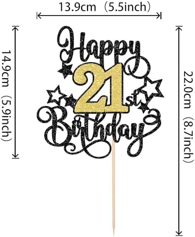 1 PCS Happy 21st Birthday Cake Topper Black Gold Glitter Cheers to 21 Years Birthday Cake Pick Hello 21 Fabulous Cake Decoration for Happy 21st Birthday Anniversary Party Decorations Supplies