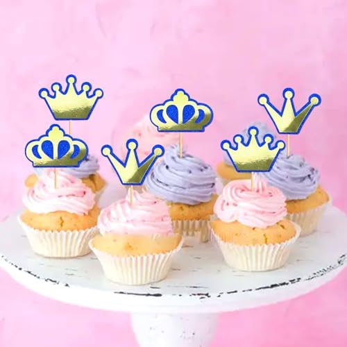Ercadio 24 Pack Prince Crown Cupcake Toppers GlitterGold Blue King Crowns Cupcake Picks for Baby Shower Boys Birthday Party Cake Decorations Supplies