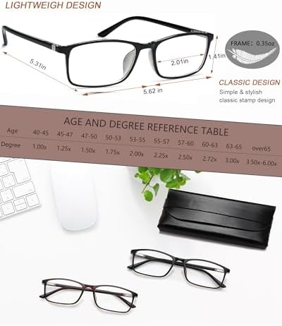 Reading Glasses for Women and Men, Rectangular Readers, Blue Light Blocking Computer Reading Glasses for Work and Daily Use