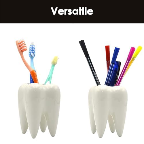 Tooth Pen Holder - Ceramic Pen Holder, Cute Desktop Pen Holder, Interesting, Unique Appearance, Suitable for Office, Classroom (White)