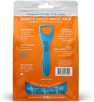 GRIN Tongue Cleaner, 48 Count, Disposable Tongue Cleaner, Hygienic Scraper, Recycled Plastic, Clean Tongue, Promote Fresh Breath, Includes Safe Fold- Back Tooth Pick