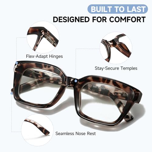 Oversized Reading Glasses for Women - 3 Pack Oprah Style Square Blue Light Readers with Spring Hinge