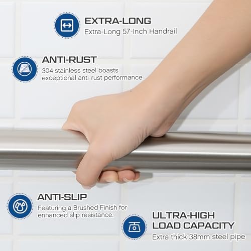Zonon 1 Pcs 57 inch Grab Bar for Bathroom Wide Safety Stainless Steel Front Porch Stairs Railing Straight Shower Handle for Handicapped or Elderly (Classic Style,Silver)