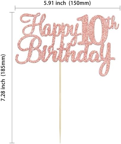 Gyufise 1Pc Happy 10th Birthday Cake Topper Glitter 10th Birthday Cake Pick Cheers to 10 Years Old Ten Fabulous Cake Decorations for 10th Birthday Theme Party Supplies Rose Gold