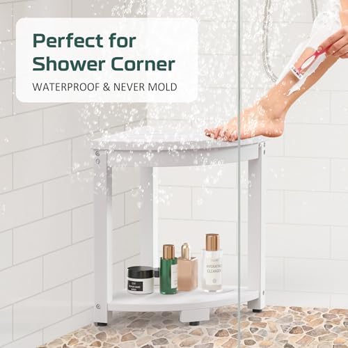 Waterproof Corner Shower Stool for Inside Shower, Poly Lumber Shower Bench Seat Chair, Bath Shower Stool for Shaving Legs Foot Rest with Storage Shelf, Adjustable & Non-Slip Feet, White
