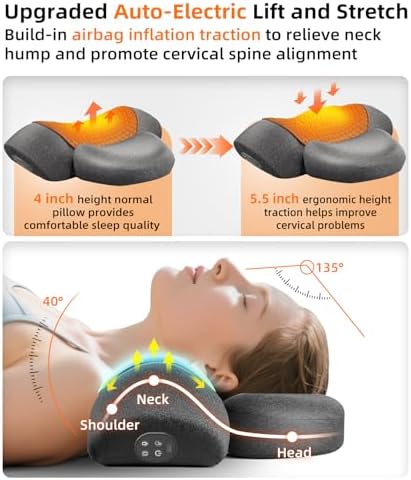 Upalled Cordless Heated Neck Massager Pillow for Pain Relief Deep Tissue, 3-in-1 Rechargeable Neck Cervical Traction Device with Heat, Massage, Electric Stretch, Ergonomic Neck Shoulder Relaxer, Grey