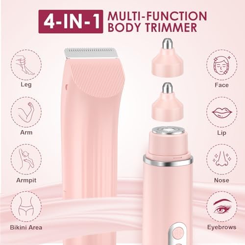 4-in-1 Bikini Trimmer for Women, Dual Head Electric Razors Shaver | Painless Bikini, Body & Facial Hair Remover | IPX7 Waterproof for Wet/Dry Use | Includes Nose & Eyebrow Trimmer Heads(Pink)
