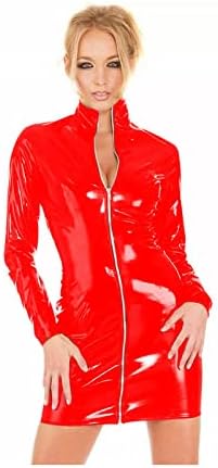 Women Sexy Zipper PVC Mini Dress Catsuit Novelty Club Party Dress Bodycon Long Sleeve Turtleneck,Red,XXXL