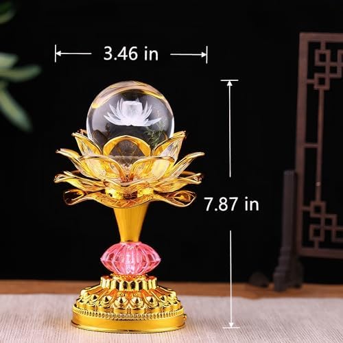 Colorful LED Crystal Ball Lotus Buddhist Lamp, Built 53 Buddhist Songs, Gradient Buddha Light for Worship, Prayer and Display, Low Power Consumption, Eco, Buddhist Supplies - Gold