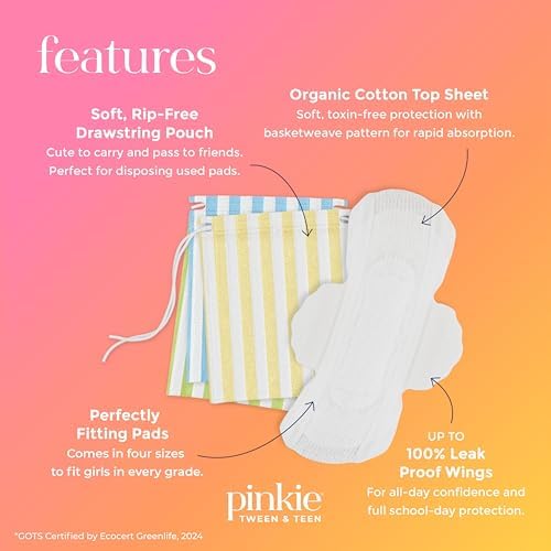 First Period Pinkie Prep - Pouch with 4 Ultra Thin Organic Cotton Topsheet Pads - Mini, Small and Regular Size Pads with Wings - Grab-n-Go Period Travel Kit - Fragrance and Chlorine-Free