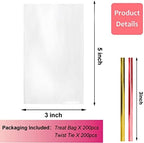 Morepack Cello Cellophane Treat Bags,200 PCS 3x5 Inches Clear Cake Pop Lollipop Bags with Twist Ties