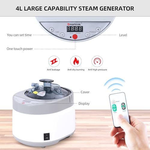Smartmak Sauna Steamer, Portable 4L Upgraded 1500W Steam Pot Generator with Remote Control, Spa Machine with 99 Minutes Timer Display, Herbal Box for Body Detox, 110V US Plug