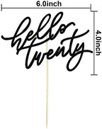 Hello Twenty Cake Topper, Happy 20th Birthday Cake Decorations, Handwriting Script 20th Anniversary Party, Black Glitter