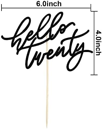Hello Twenty Cake Topper, Happy 20th Birthday Cake Decorations, Handwriting Script 20th Anniversary Party, Black Glitter