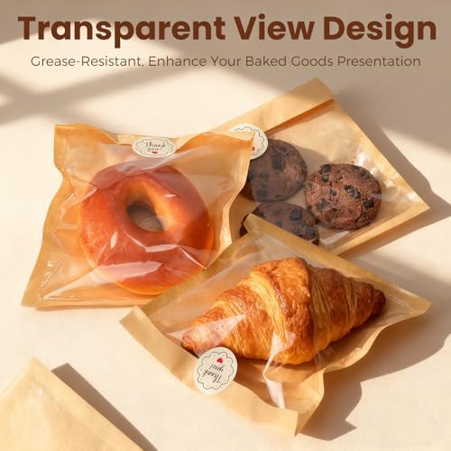 100Pcs Cookie Bags with Seal, Premium Cookie Packaging Bag with Clear Window, Heat Seal Bakery Bags for Baked Goods, Cake Slice, Donut, Pastry and Treat by SFIUYLB