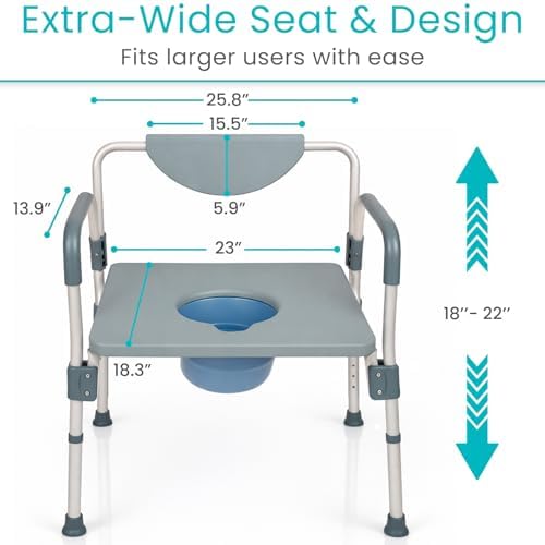 Vive Bariatric Bedside 4-in-1 Commode 550 lb Capacity - Bariatric Shower Chair & Portable Toilet - Heavy Duty Toilet Riser & Safety Frame - Extra Wide Padded Seat w/ 6-Quart Bucket & Splash Guard