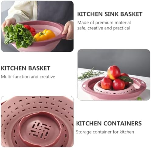 ABOOFAN Telescopic Foldable Kitchen Drain Basket, Expandable Pink Fruit and Vegetable Wash Strainer, Collapsible Sink Colander for Food Washing and Kitchen Storage