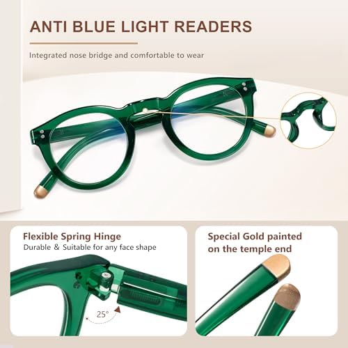 EASY READ Retro Round Blue Light Blocking Reading Glasses for Women,Anti UV Readers for Women with Spring Hinge