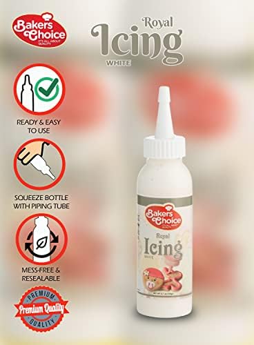 White Cookie Icing - Ready to Use Royal Icing for Cookies - Decorating Squeeze Bottles with Piping Tube For Cookies, Cakes, Cupcakes and Treats - 3.7 oz. - Baker’s Choice