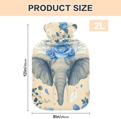 Blue Rose-Winged Elephant Water Bottle for hot Water with Soft Cover, 2L Warm Compress for Hot and Cold Therapies