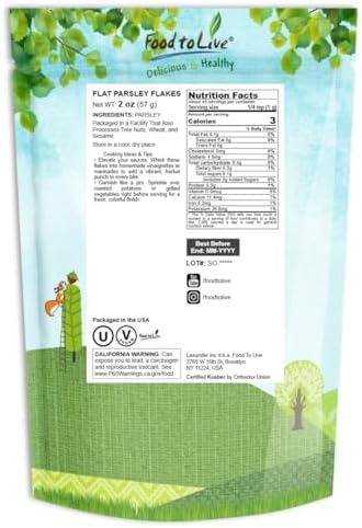Food to Live Flat Parsley Flakes, 2 Ounces – Dried Fresh Aromatic Herb Seasoning. Great Addition to Cooking, Soups, Salads and Baking. Kosher, Vegan, Bulk