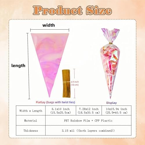 FERENLI 50 Pcs 6.1x10 inch Cone Shaped Iridescent Holographic Cellophane Treat Bags with Twist Ties Plastic Goodie Bags for Candy Popcorn Snack Birthday Party Favors Packaging (Iridescent Clear)