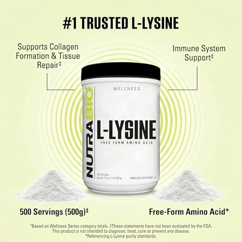 NutraBio L-Lysine Powder 500g – Essential Amino Acid for Protein Metabolism, Collagen Support, & Immune Health – Pure, Unflavored, Non-GMO, Vegan- 500 Servings