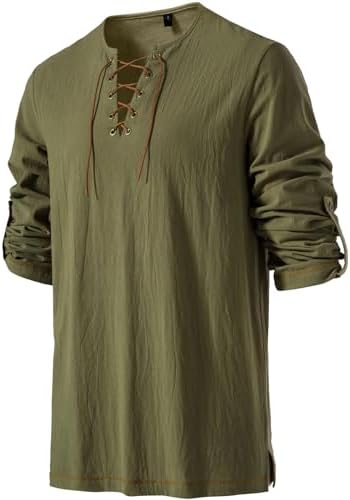 JEMITOP Men's Pure Cotton Vintage Lace Up Shirts for Pirate Renaissance Viking Medieval Costume Without Belt
