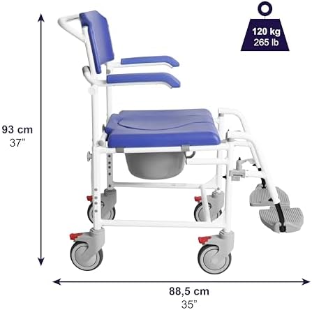 KMINA Shower Chair with Wheels for Elderly (Version 2.0 Improved Brakes), Adjustable Commode Rolling Chair, Blue, PRO Model