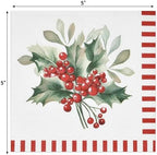 Gift Boutique 100 Count Christmas Berry Cocktail Napkins – Holiday Party Paper Napkins with Red Striped Border and Holly Berry Design for Winter Celebrations