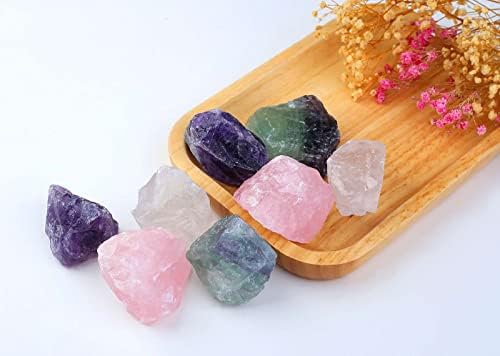 LAIDANLA 2" Rose Quartz Fluorite Amethyst Clear Quartz Set Natural Rough Stones Crystal Raw Crystals Bulk Healing Gemstones for Reiki Healing Tumbling Fountain Rocks 4PCS 0.55lb
