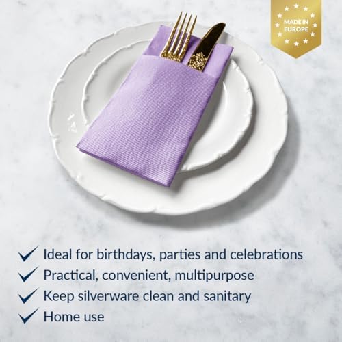 PAW - Linen Feel Napkins with Built-in Flatware Pocket, Airlaid Paper Pre-Folded Napkins for Silverware, Wedding Party, Dinner, Birthday, Gatherings, Monocolor Violet, 50 Count