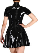 GOCTRN Black Sexy Latex Dress with Short Sleeves High Collar Back Zippers Rubber Bodycon Playsuit,Black,XS