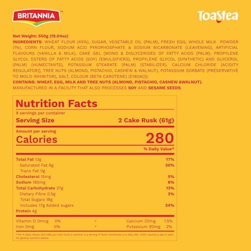 Britannia Tostea Cake Rusk Smooth & Soft Twice-Baked Cake Made with Milk & Egg Delicious Snack for Breakfast & Tea Time 19.4oz (550g) Pack of 1