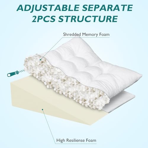 TANYOO Bed Wedge Pillow for Sleep Apnea 7.5Inch Gerd Pillow Patent Dual Layer Triangle Pillow Adjustable Shredded Memory Foam Topper Soft Support Ideal for Acid Reflux, After Surgery, Snoring