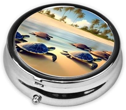 Turtles on The Beach Round Pill Box.Mini Full Printed Metal Pillbox. Travelfriendly 3compartment Design, 2.0 x 2.0 x 0.7 inches.