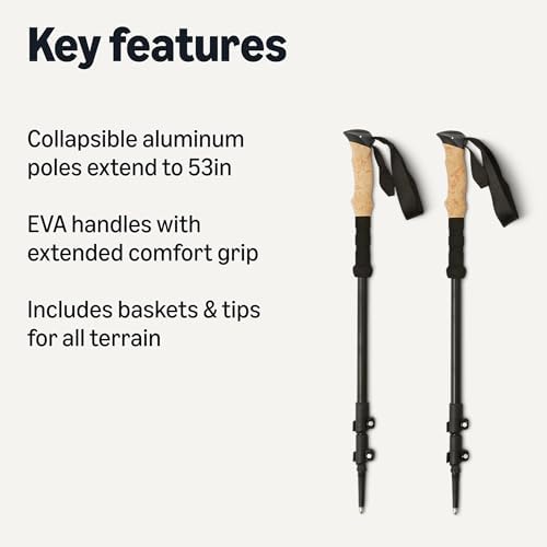 Amazon Basics Trekking Poles, Black, 53in – Lightweight Collapsible Hiking Sticks with Quick Lock, EVA Grip & All-Terrain Accessories – Adjustable Aluminum