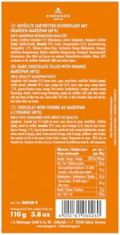Niederegger Dark Chocolate Orange Marzipan Bar 110g/3.8 oz | Covered with crisp dark chocolate. | Authentic. Premium | Handcrafted in Germany since 1806.