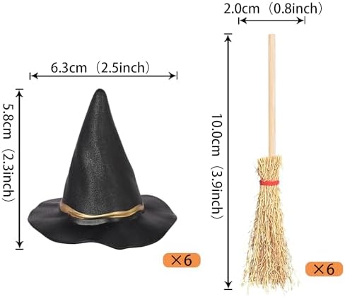 Rsstarxi 12 Pack Halloween Witch Hat Cupcake Toppers Broom Witch Hat Cupcake Picks for Witch Wizard Theme Birthday Halloween Party Cake Decorations Supplies
