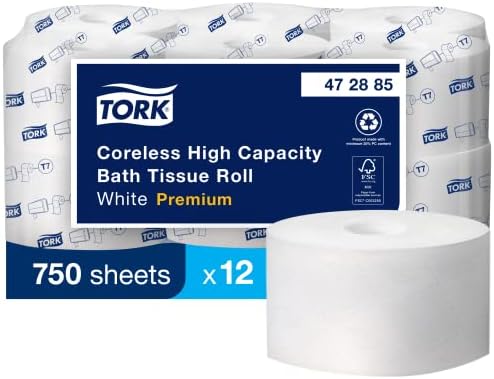 Tork Coreless High-Capacity Toilet Paper Roll White T7, Premium, 2-ply, 12 x 750 sheets, 472885